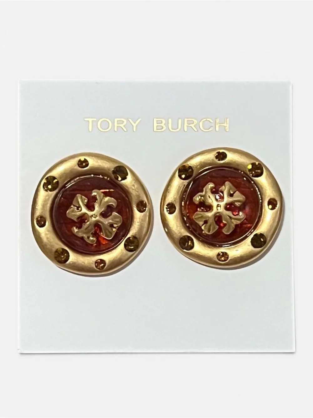 Tory Burch Gold and Amber Round Logo Button Earrings
